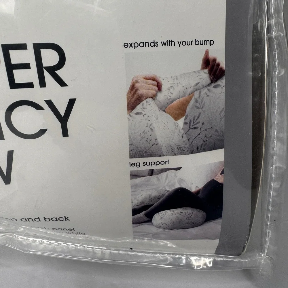 Boppy Side Sleeper Pregnancy Maternity Pillow Jersey Leaf Print Grey White